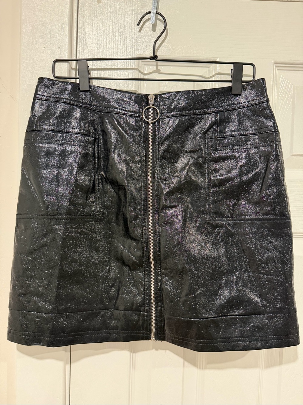 Topshop Black Metallic Shine Front-Zip Mini Skirt